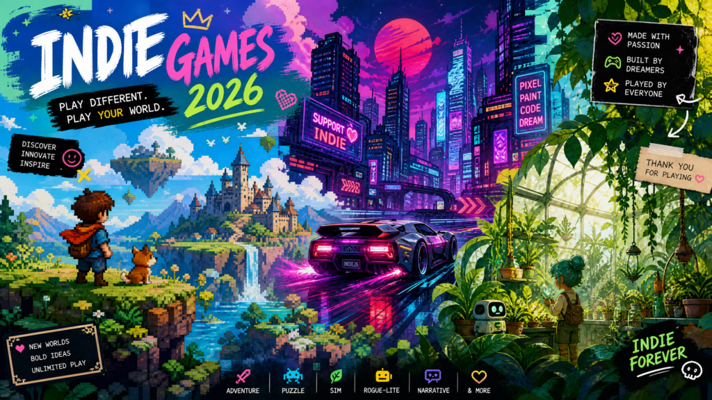 Die besten Indie Games 2026: Diese Geheimtipps musst du gespielt haben Beste Indie Games 2026 – Bunte Collage mit Pixel-Art, Cyberpunk-Stadt und Gewächshaus aus verschiedenen Indie-Spielen