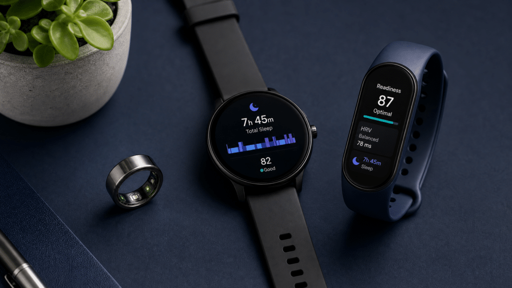 Schlaf Tracker Test 2026 – Oura Ring, Smartwatch und Fitness-Armband im Vergleich auf dunklem Untergrund