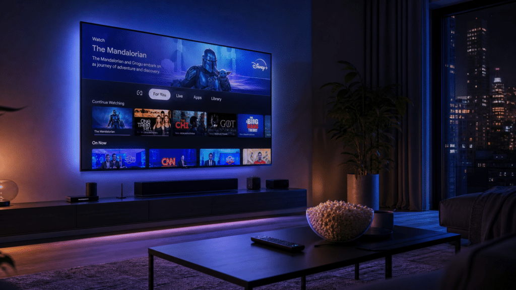 Streaming Zukunft 2026 – Modernes Wohnzimmer mit großem OLED-TV und Streaming-Interface in blauem Neon-Licht