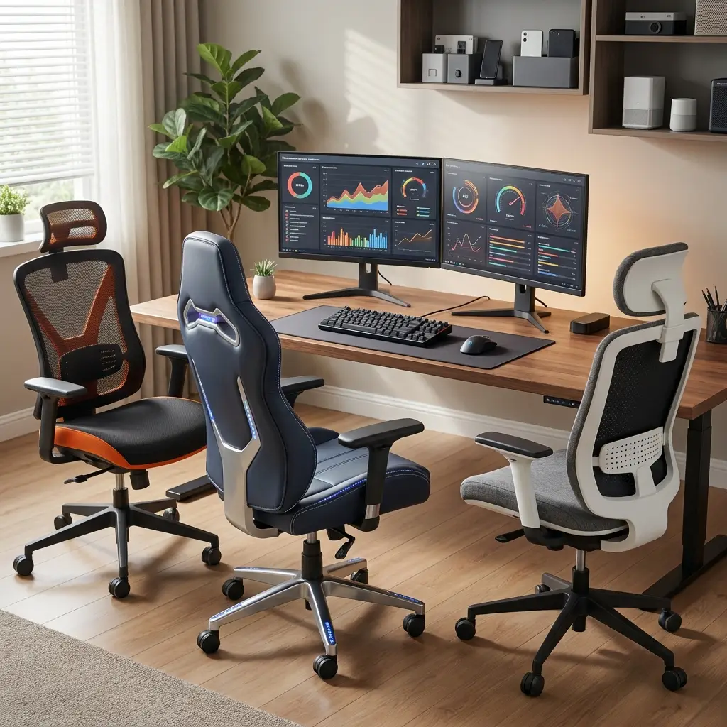 Vier moderne Gaming-Stรผhle in einem stilvollen Gaming-Zimmer, unterschiedliche Designs und Materialien, aufgerรคumtes Setup mit Monitoren und dezentem Licht, fotorealistische Fotografie mit natรผrlicher Beleuchtung und realistischen Texturen, kein Text im Bild