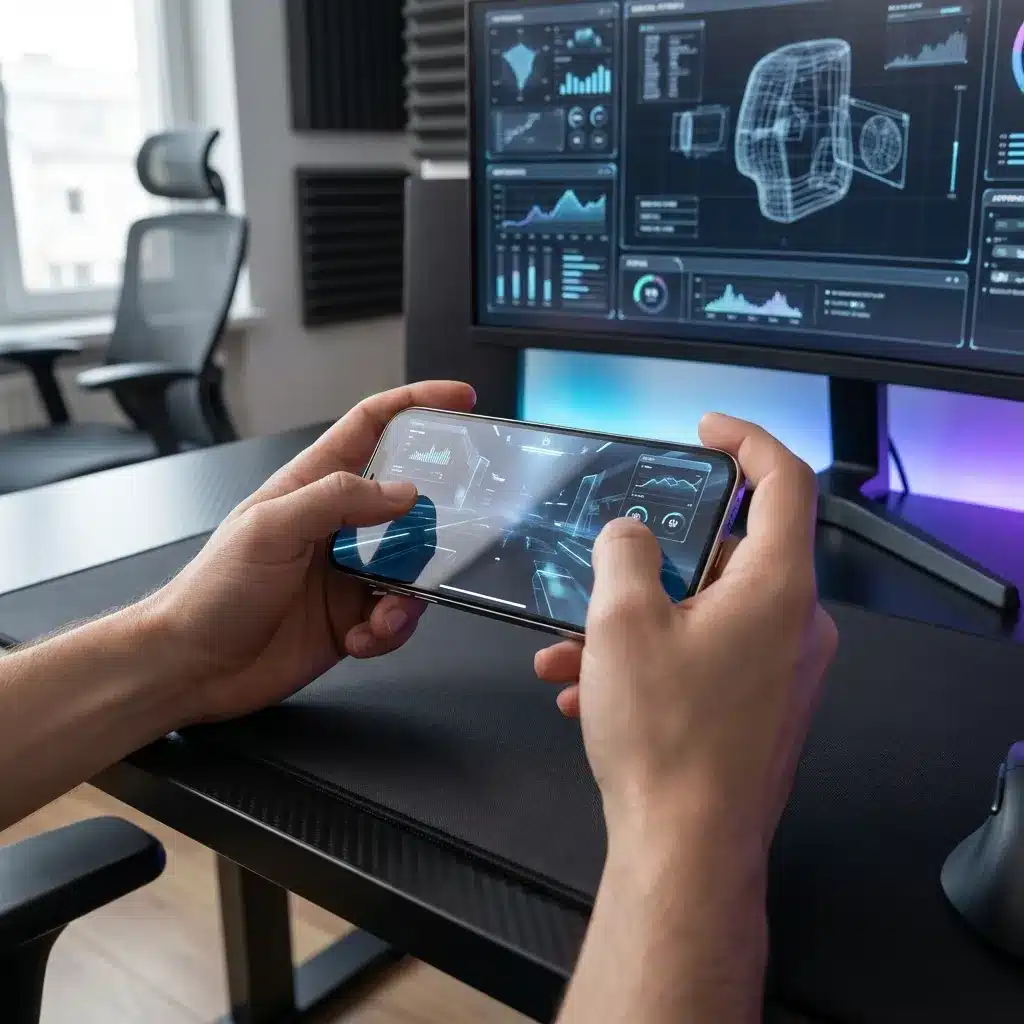 Nahaufnahme eines Premium-Smartphones mit Mobile-Game auf dem Display, Hände mit Controller-Griff, natürliche Schreibtischbeleuchtung, realistische Metall- und Glastexturen, moderner Gaming-Setup-Hintergrund, kein Text