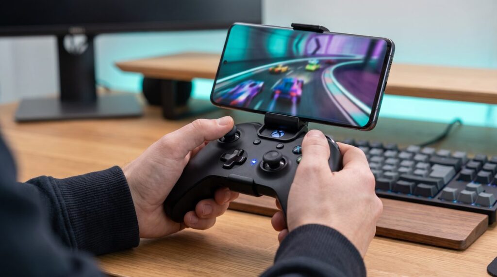 Smartphone in einem Gamepad-Controller bei einem Mobile-Game