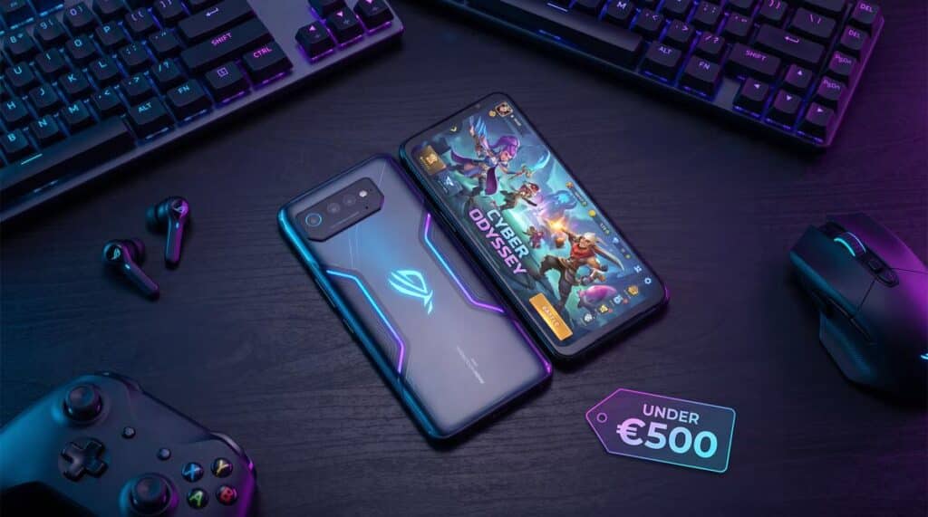 Gaming Smartphone unter 500 Euro mit RGB-Beleuchtung auf einem Schreibtisch