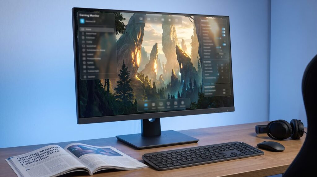Gaming-Monitor mit HDR-Landschaft und unscharfen Windows-Einstellungen