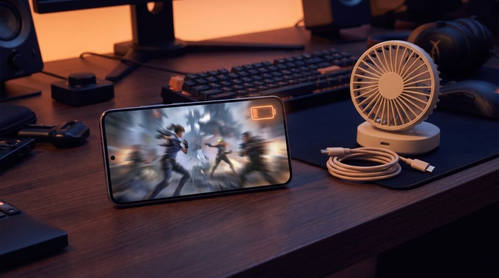 Smartphone beim Spielen mit leerer Akkuanzeige und kleinem Luefter