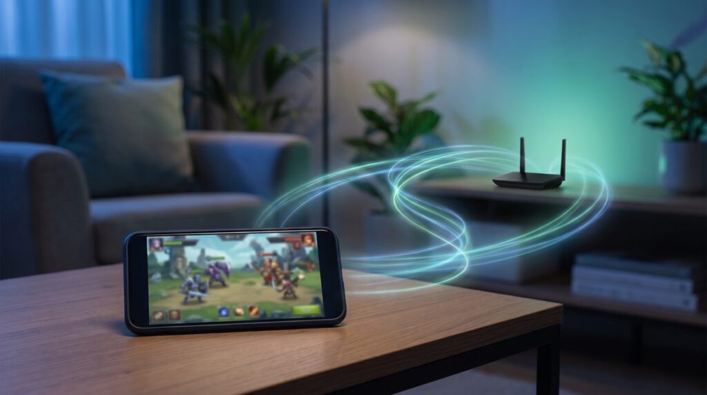Smartphone mit Mobile Game und WLAN-Router bei Verbindungsproblemen