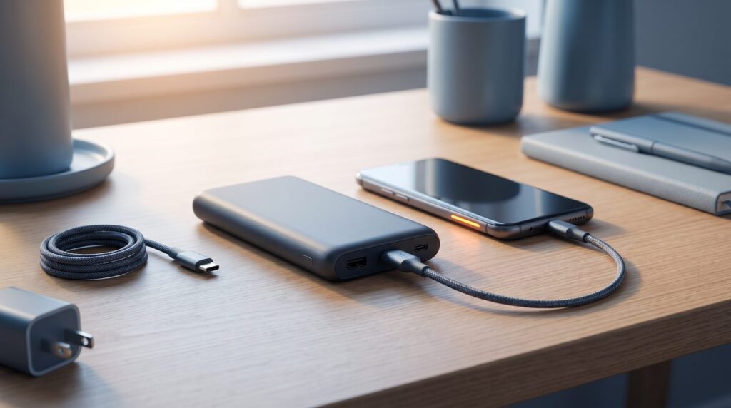 Powerbank am Smartphone mit USB-C-Kabel bei langsamem Laden