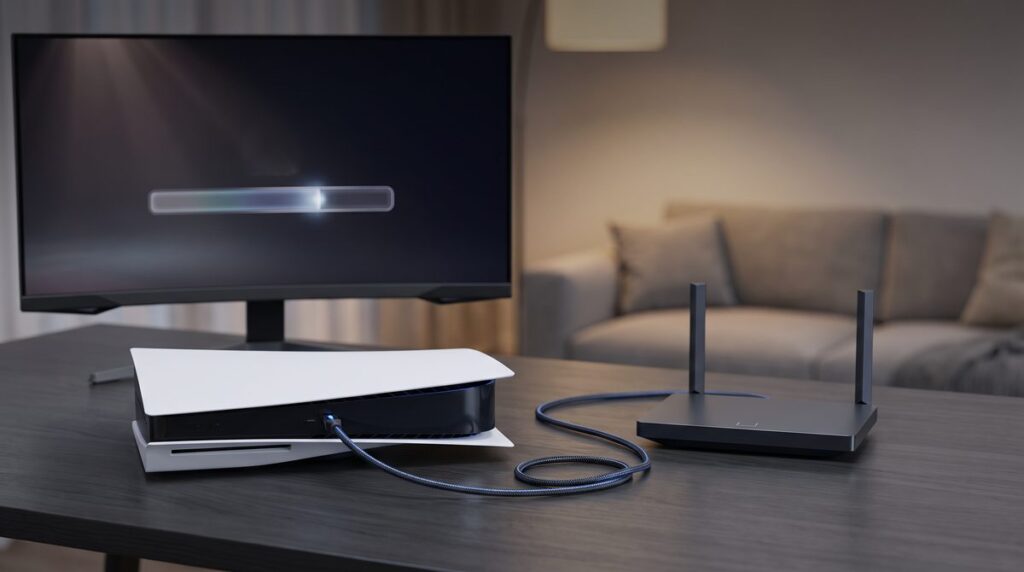 PS5 neben Router bei einem langsamen Spiel-Download