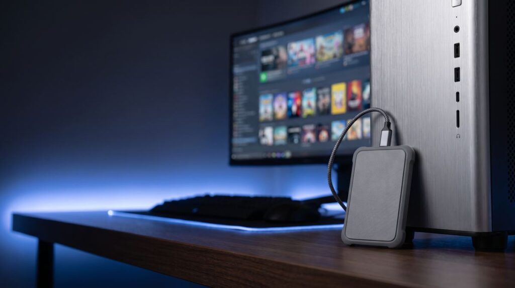 Externe SSD per USB-C an einem Gaming-PC zum Verschieben von Steam-Spielen