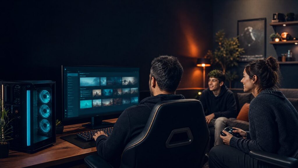 Familie richtet gemeinsam eine geteilte PC-Spielebibliothek ein