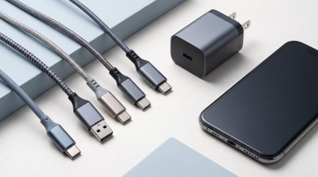 Mehrere USB-C-Kabel neben Ladegeraet und Smartphone