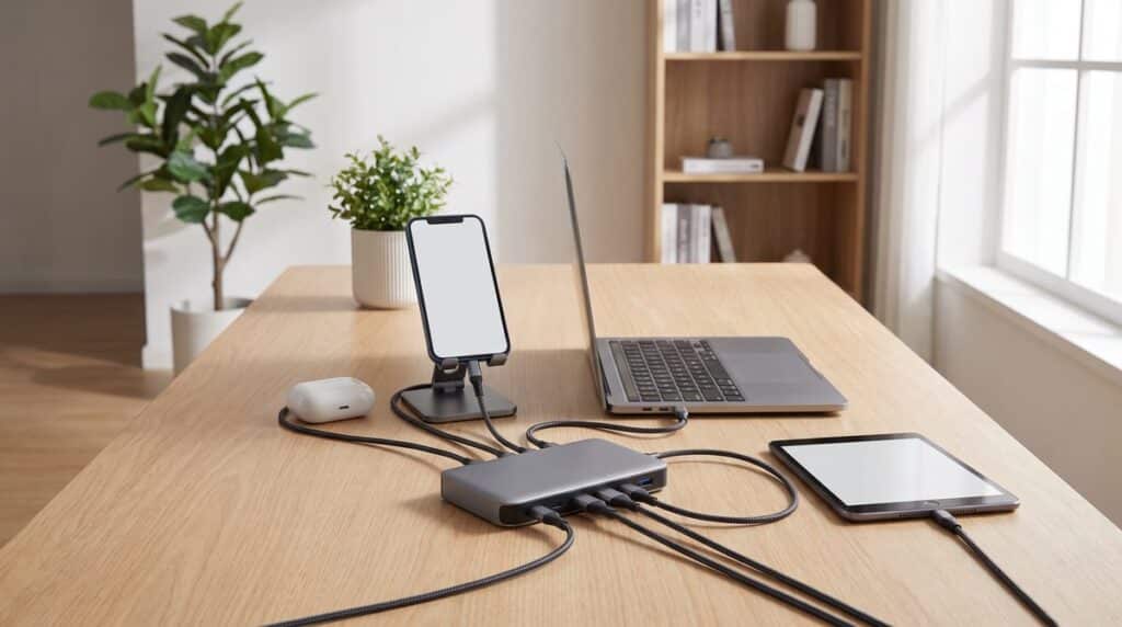USB-C-Mehrport-Ladegeraet versorgt Laptop Smartphone Tablet und Kopfhoerer