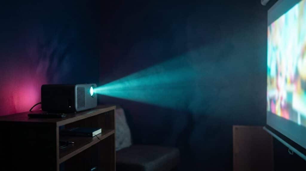 Kompakter Beamer auf einem Regal wirft einen sichtbaren Lichtkegel auf die Leinwand
