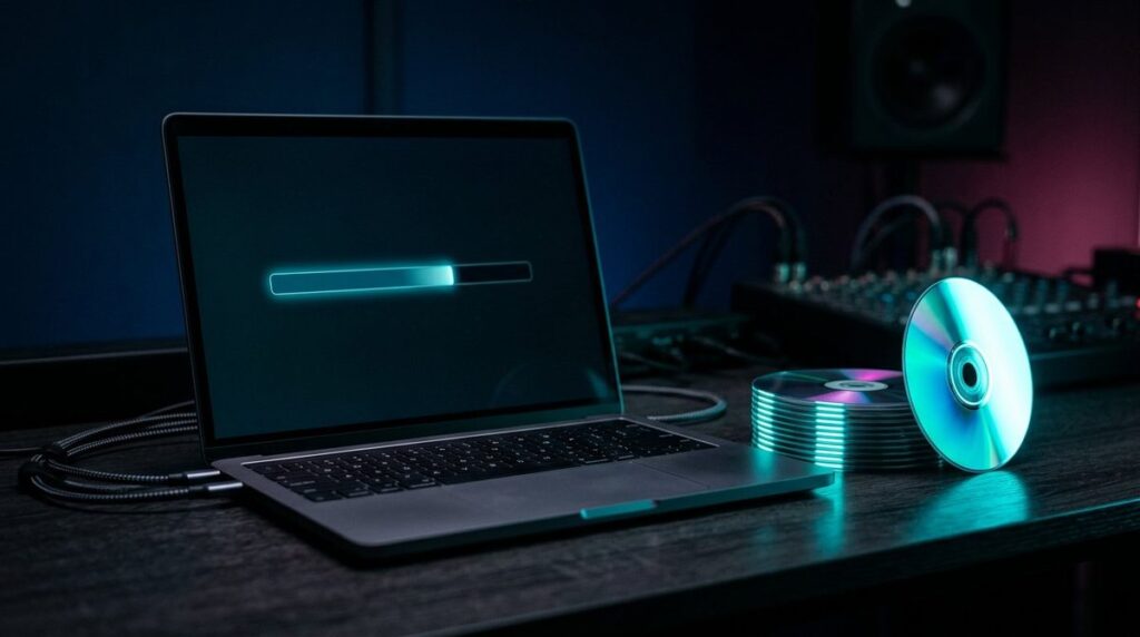 Laptop mit Fortschrittsbalken beim Konvertieren neben einem Stapel DVDs