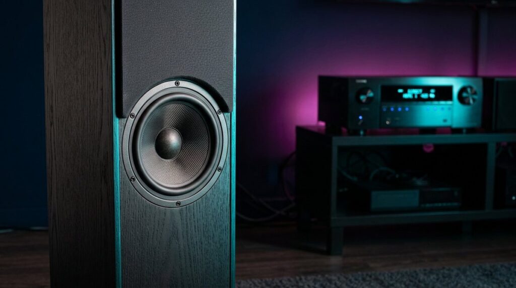 Standlautsprecher im Detail vor einem AV-Receiver im abgedunkelten Raum