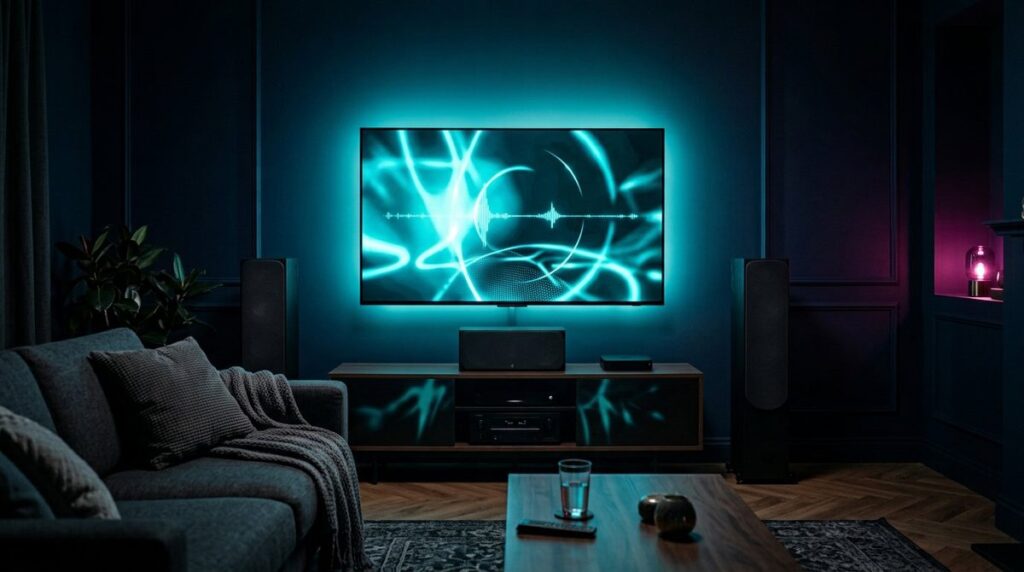 Heimkino im abgedunkelten Wohnzimmer mit grossem Bildschirm und Standlautsprechern