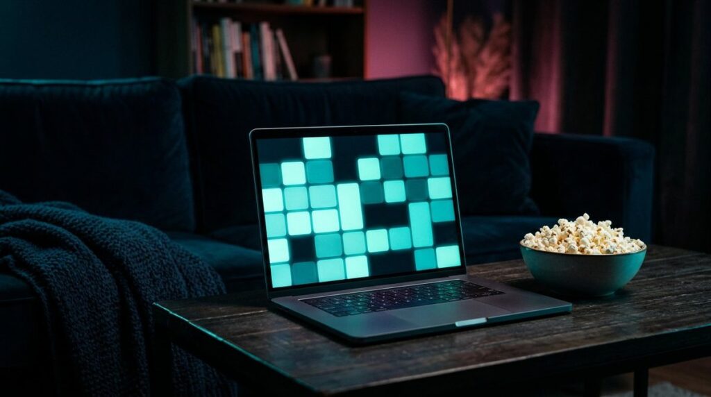 Laptop mit Filmauswahl auf einem Couchtisch neben einer Schale Popcorn
