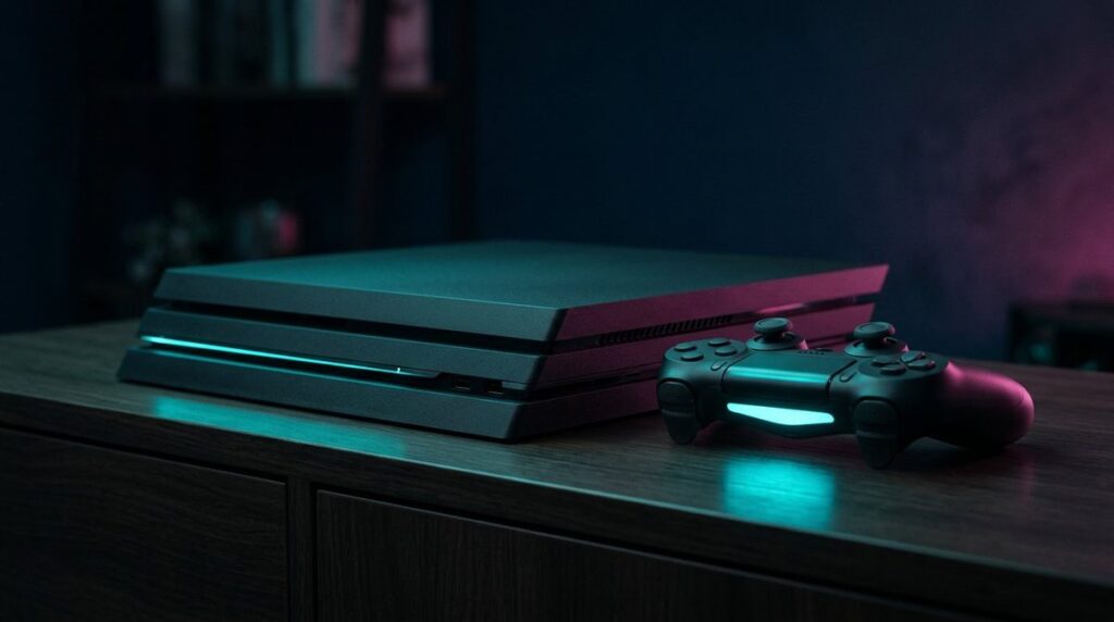 Dunkle Spielkonsole liegend auf einem Sideboard mit Gamepad davor