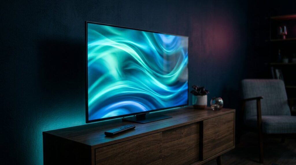 Flacher Smart-TV auf einem Sideboard zeigt abstrakte Lichtmuster