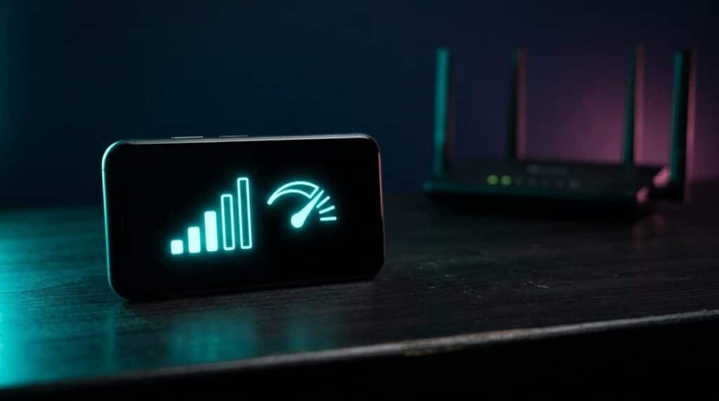 Smartphone mit Signalanzeige und Tempomesser vor einem WLAN-Router