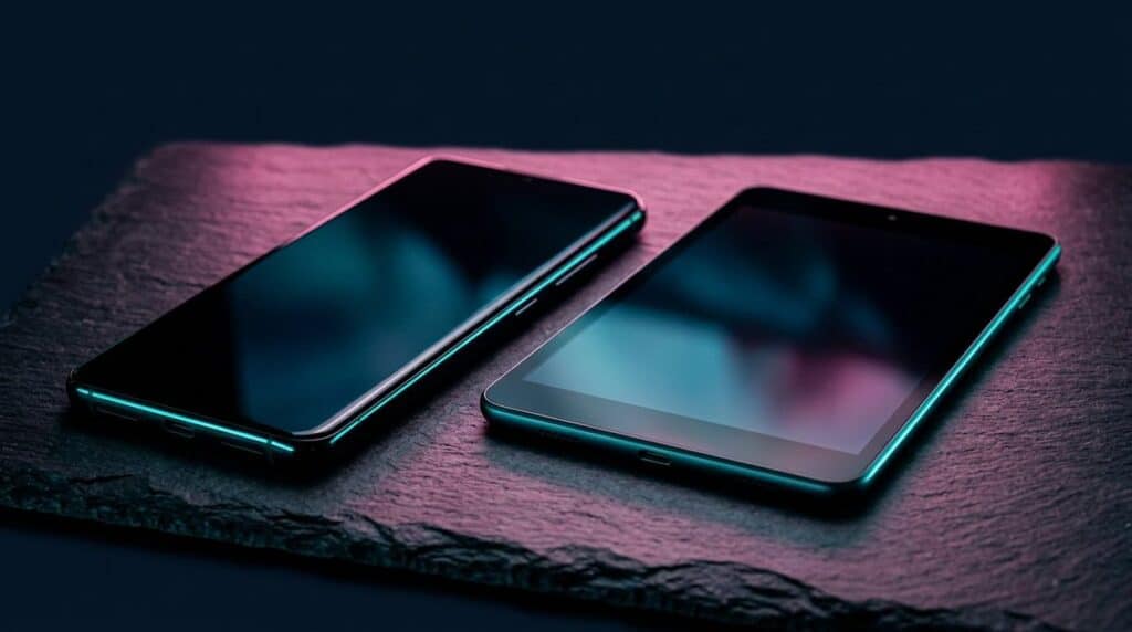 Grosses Smartphone und kleines Tablet nebeneinander im Groessenvergleich