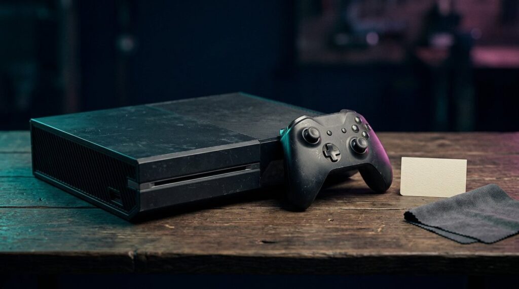 Gebrauchte Spielkonsole mit Controller und Reinigungstuch auf einem Holztisch