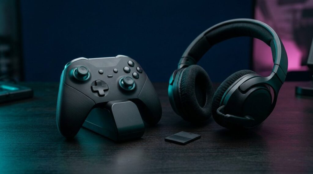 Controller, Headset und Ladestation als Konsolenzubehoer auf einem Schreibtisch