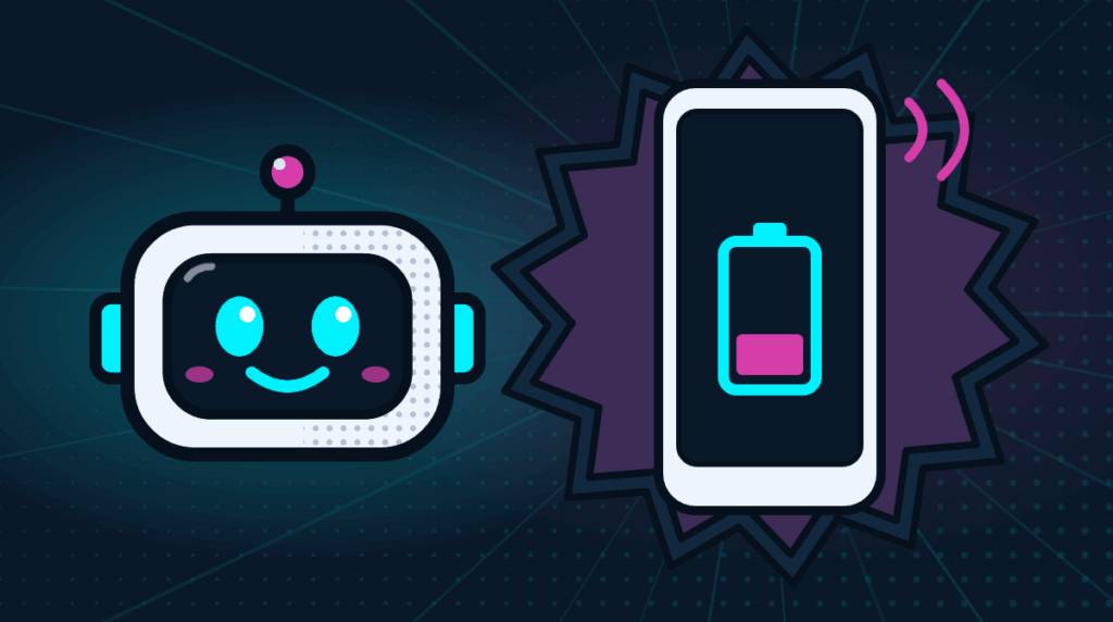 Comic-Roboter Bit neben einem Smartphone mit Funkwellen