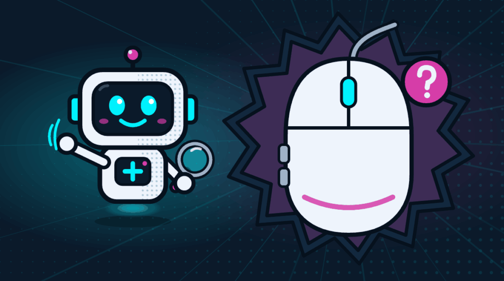 Comic-Roboter Bit neben einer Computermaus mit Fragezeichen