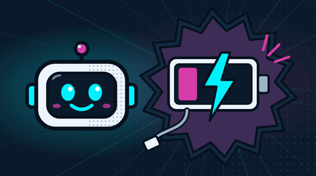 Comic-Roboter Bit neben einer fast leeren Batterie mit Ladeblitz
