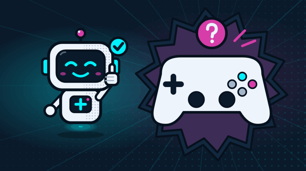 Comic-Roboter Bit neben einem Gamecontroller mit Fragezeichen