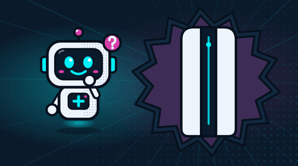 Comic-Roboter Bit neben einer weissen Spielkonsole