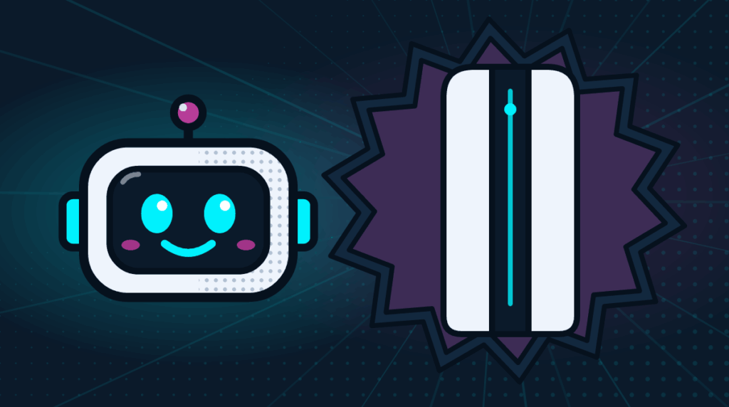 Comic-Roboter Bit neben einer weissen Spielkonsole