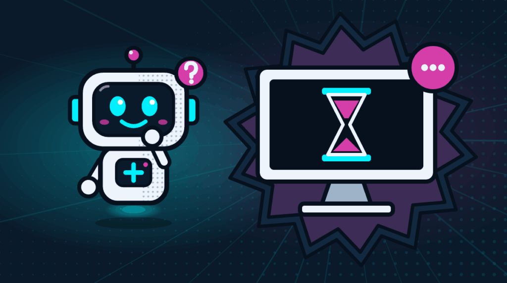 Comic-Roboter Bit neben einem Monitor mit Sanduhr, Roblox ab wie viel Jahren