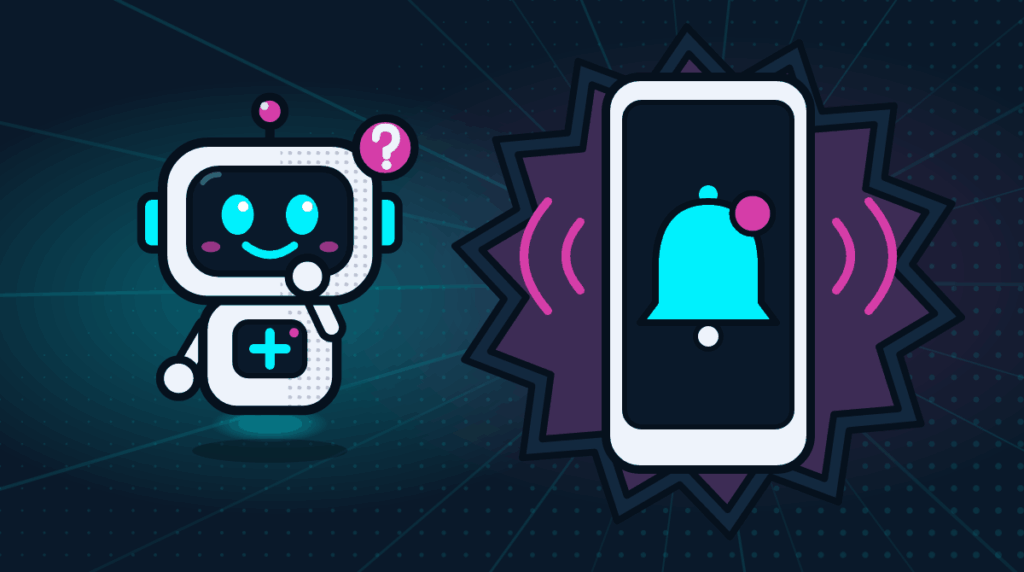 Comic-Roboter Bit neben einem Smartphone mit Benachrichtigung zur Roblox Kindersicherung