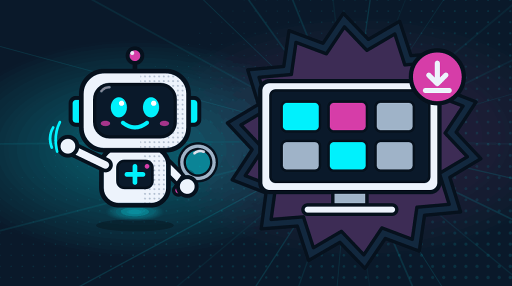 Comic-Roboter Bit neben einem Fernseher mit App-Kacheln und Download-Symbol