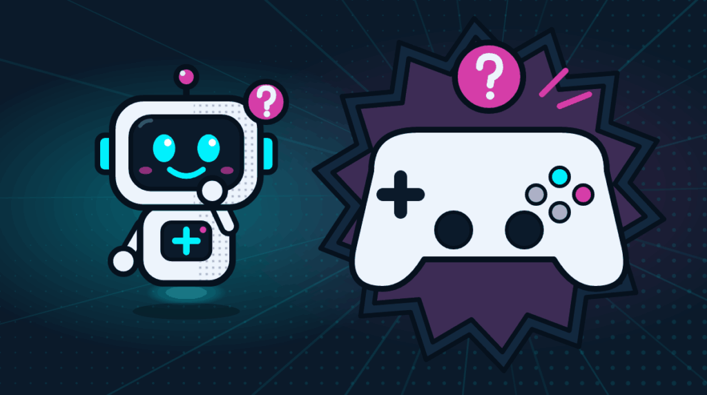 Comic-Illustration: Roboter Bit denkt nach neben einem Controller mit Fragezeichen