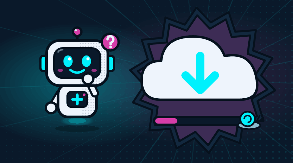 Comic-Roboter Bit neben einer Download-Wolke mit Fortschrittsbalken