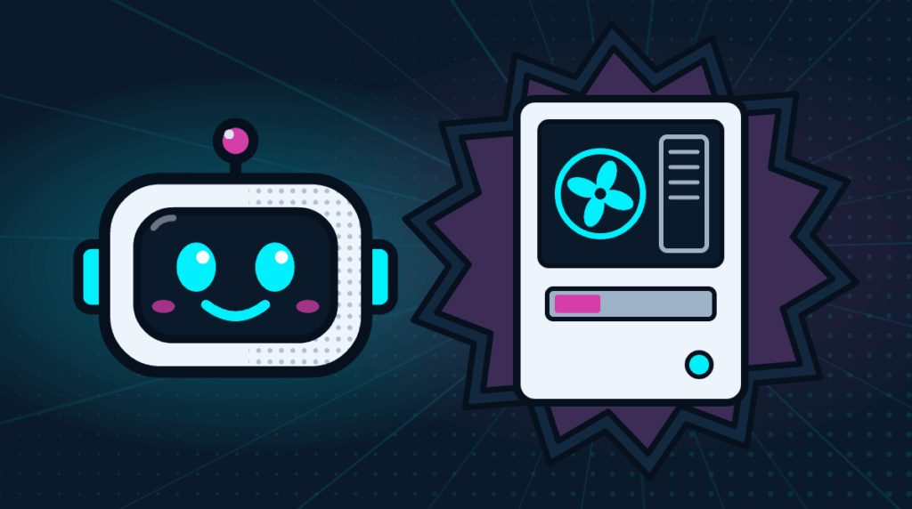 Comic-Roboter Bit neben einem Gaming-PC mit Luefter