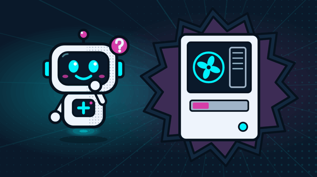 Comic-Roboter Bit sucht neben einem Gaming-PC nach dem Screenshot-Ordner