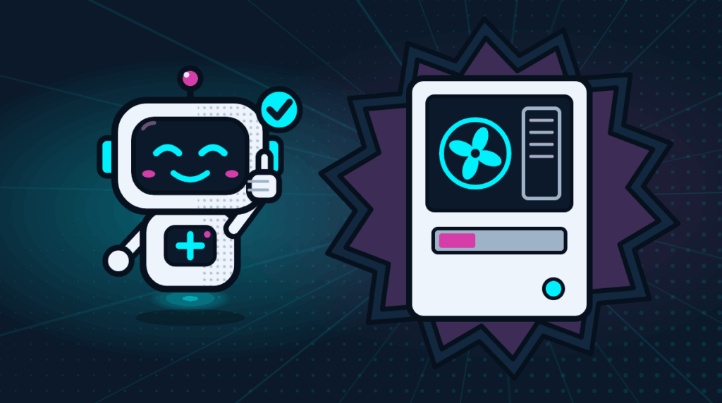 Comic-Roboter Bit neben einem Gaming-PC mit Luefter