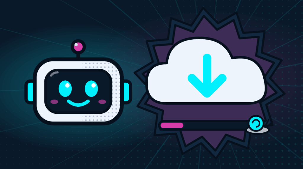 Comic-Roboter Bit neben einer Download-Wolke mit Fortschrittsbalken