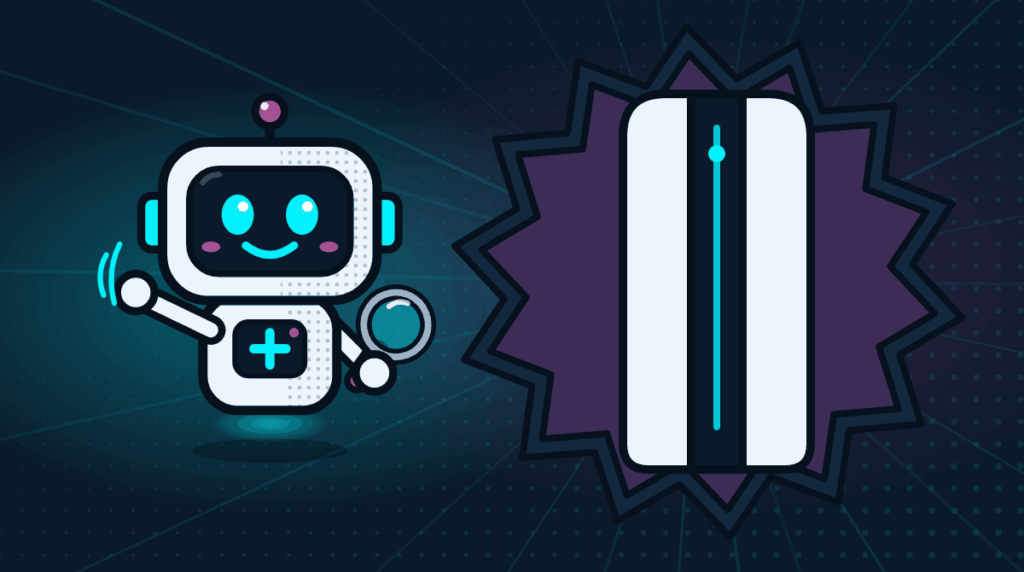 Comic-Roboter Bit prueft die Verbindung zwischen Switch 2 Station und Fernseher