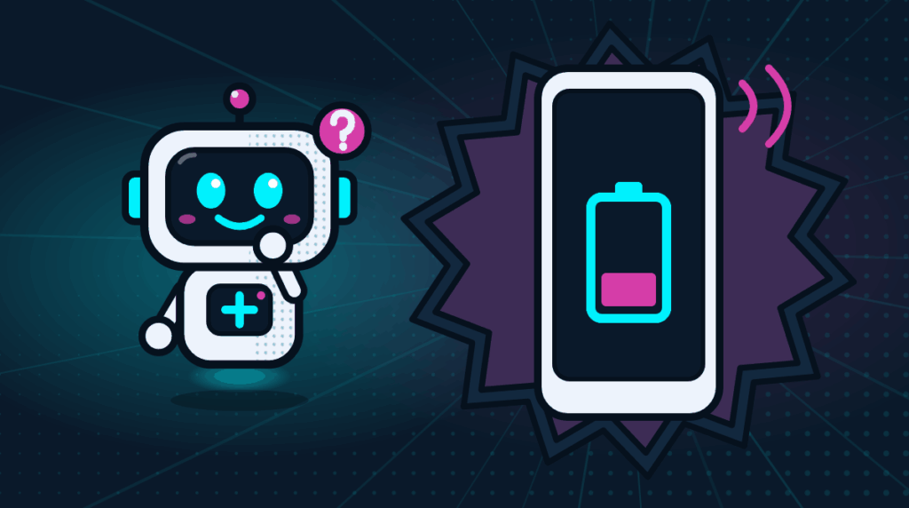 Comic-Roboter Bit neben einem Smartphone