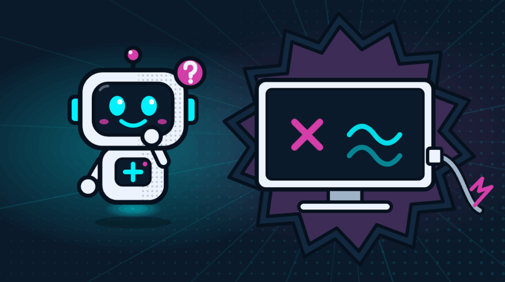 Comic-Illustration: Roboter Bit denkt nach neben einem Fernseher ohne Bildsignal