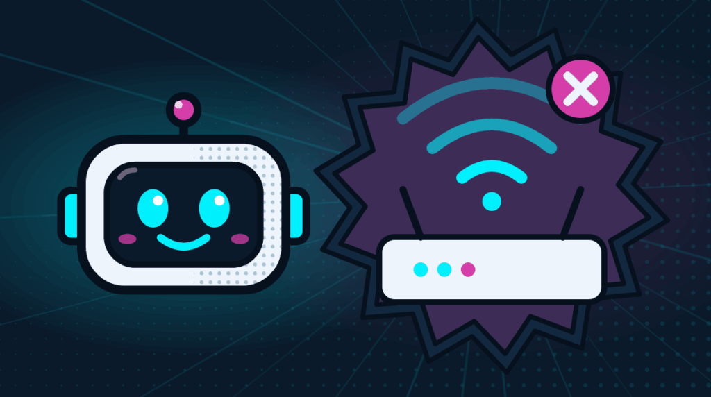 Comic-Roboter Bit neben einem WLAN-Router mit rotem Kreuz