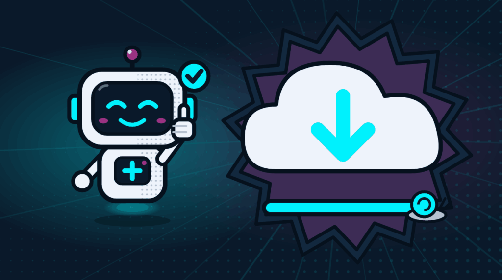 Comic-Roboter Bit neben einer Download-Wolke mit vollem Fortschrittsbalken