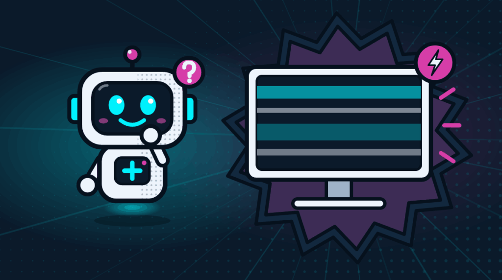 Comic-Roboter Bit denkt neben einem flackernden Monitor nach
