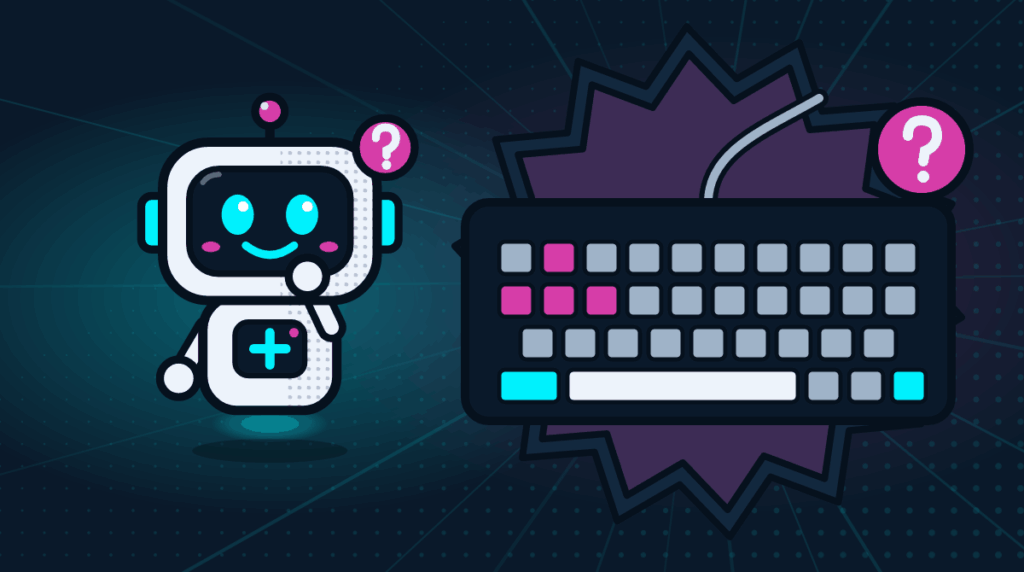 Comic-Roboter Bit neben einer Tastatur mit Fragezeichen