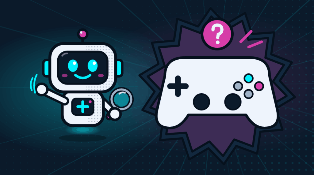 Comic-Roboter Bit neben einem Gamecontroller mit Fragezeichen